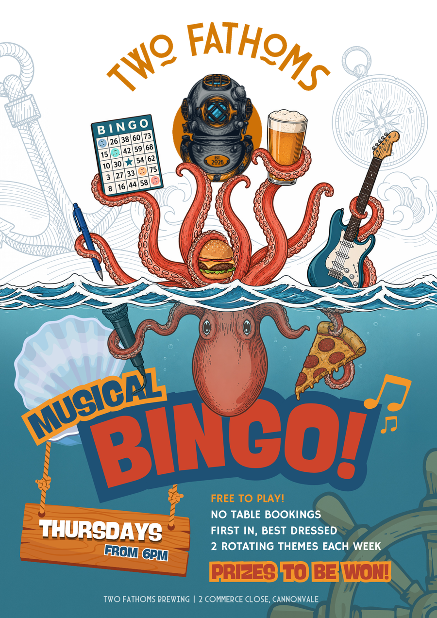 Two Fathoms Musical Bingo poster with bingo card, beer, burger, guitar and octopus illustration