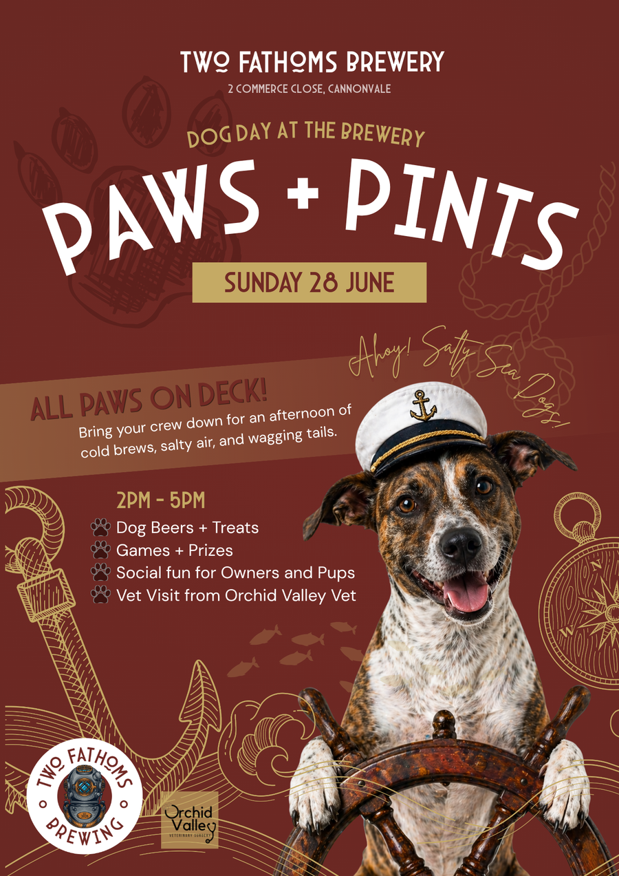 Paws and Pints dog day at Two Fathoms Brewing poster featuring a dog in a captain hat